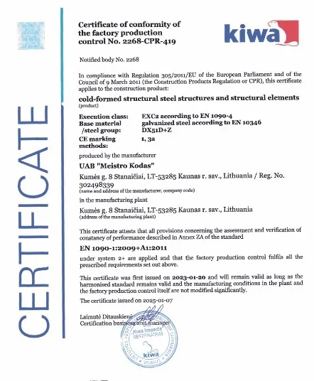 Kiwa EN 1090 certificate of conformity