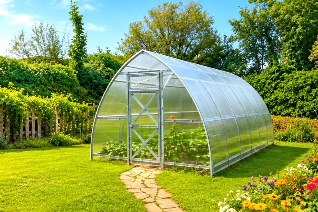 Premium arched aluminum greenhouse in a bright mid-summer garden