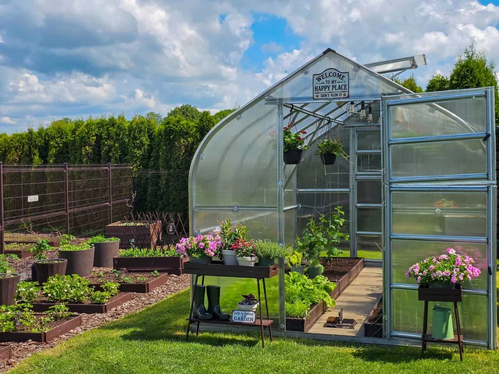 Premium arched galvanized-steel greenhouse in a lush backyard garden