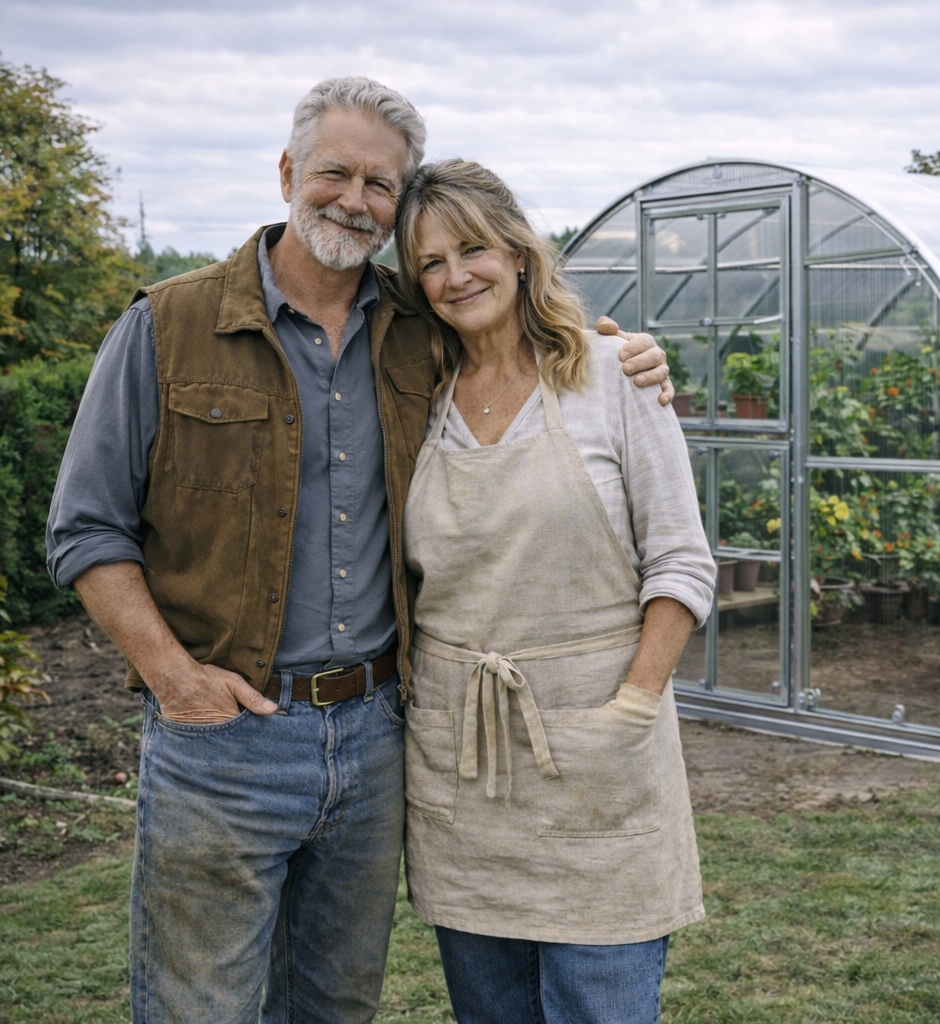 John and his wife Anna in front of their greenhouse