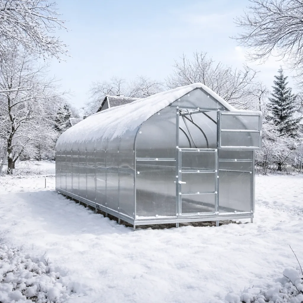 Dear John greenhouse standing in a snowy winter field, roof dusted with snow